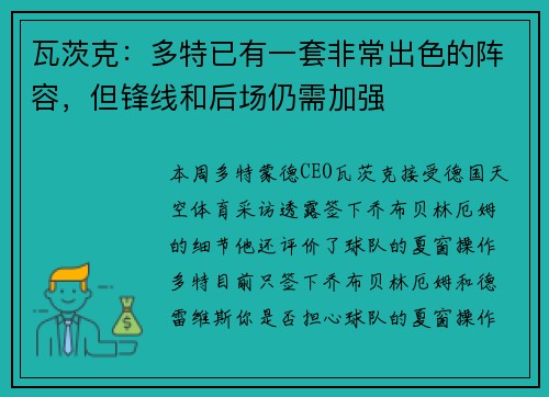 瓦茨克：多特已有一套非常出色的阵容，但锋线和后场仍需加强